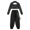 thumbnail image 4 of YONGHS Girls Dancewear Outfits Mesh Spliced Long Sleeve Sequin Crop Top with Jogger Pants Set Black 14, 4 of 7