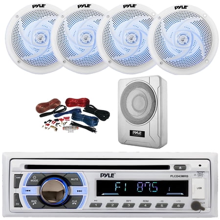 Pyle PLCD43MRB Single DIN Marine Bluetooth USB/AUX MP3 Player AM/FM Radio In-Dash Head Unit Stereo Receiver, 4x 6.5" 240W Max 2-Way Blue LED White Speakers, 8” 600W Max Under-Seat Subwoofer W/Kit