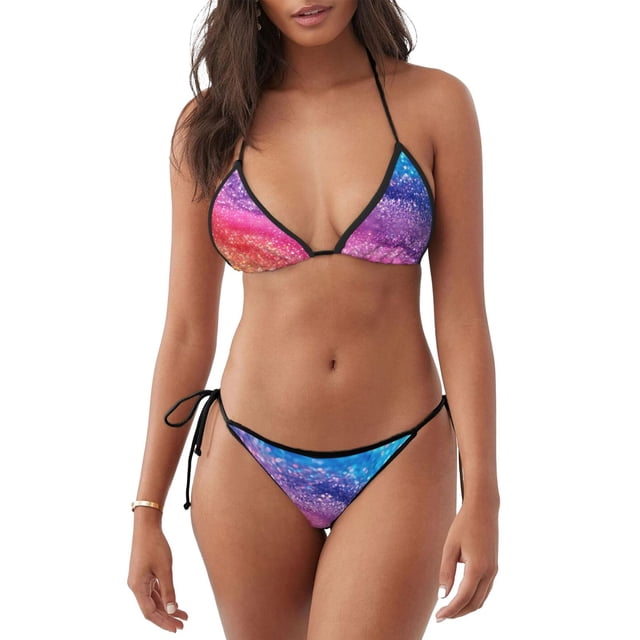 Fotbe Rainbow Glitter Cute Traje de Baño para Mujer de Dos Piezas – Bikini Sexy de Tirantes Tipo Halter con Diseño Triangular