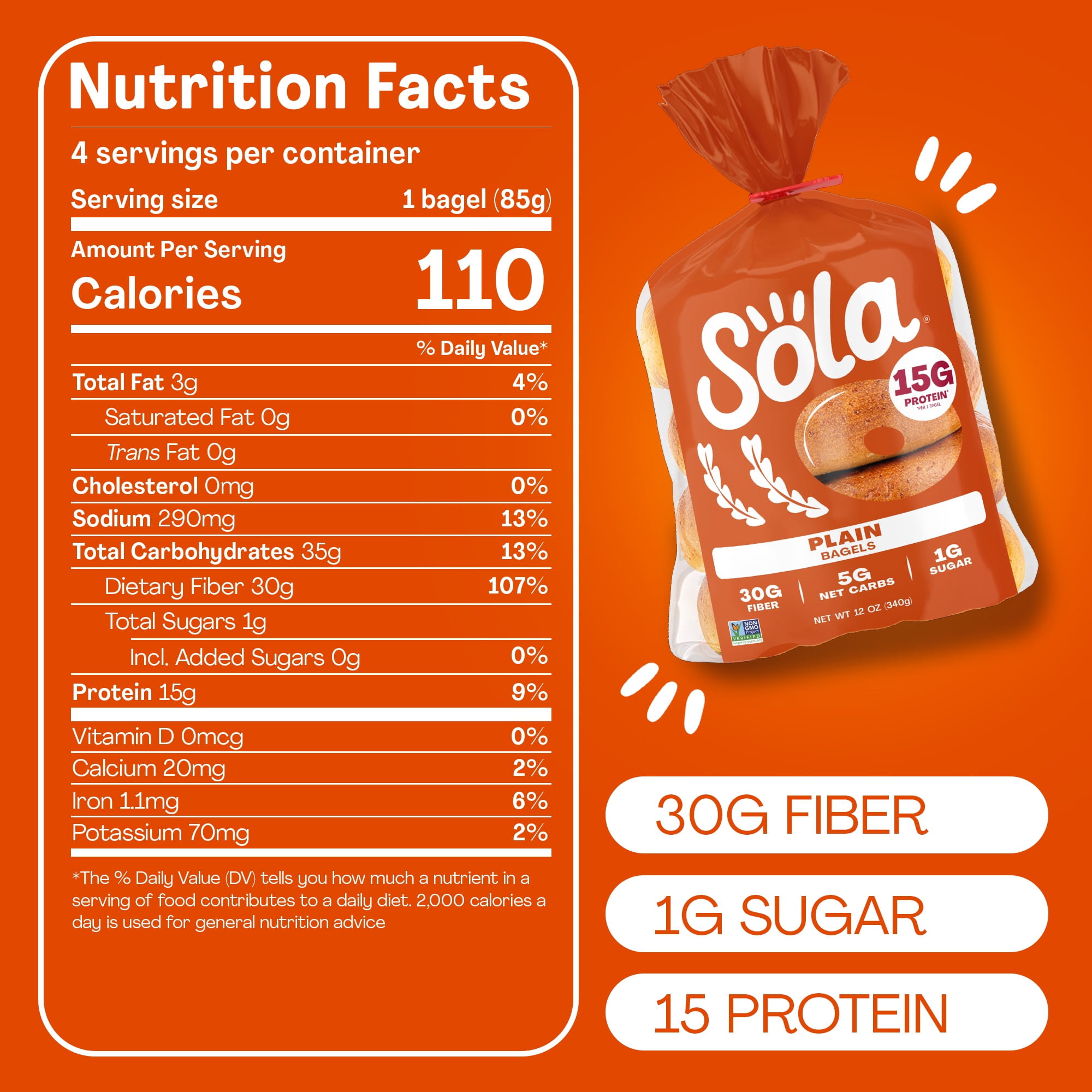 Sola Bread Plain Bagels, Non-GMO, 12 oz, 4 Count