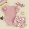 thumbnail image 3 of Elippeo Baby Girls Shorts Set 3  6 12 18 Months  Short Sleeve Letters Print Romper Flower Print Shorts with Hairband Summer Outfit, 3 of 5