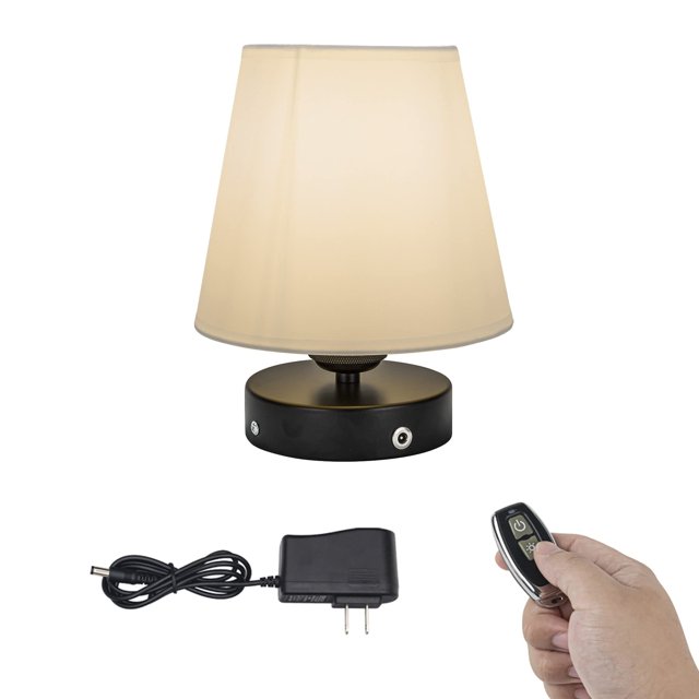 FSLiving Rechargeable Baterry Operated Bedside Table Lamp with Remote Control Retro Design Desk Light Black Metal White Cloth Shade Nightlight for Dorm Home Reading Bedroom Nightstand - 1 Pack