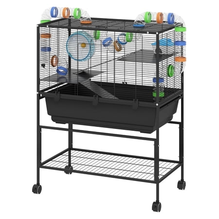 Hamster Cage 3 Tier, Rat Cage Rolling with Deep Tray, Shelf & Wheel