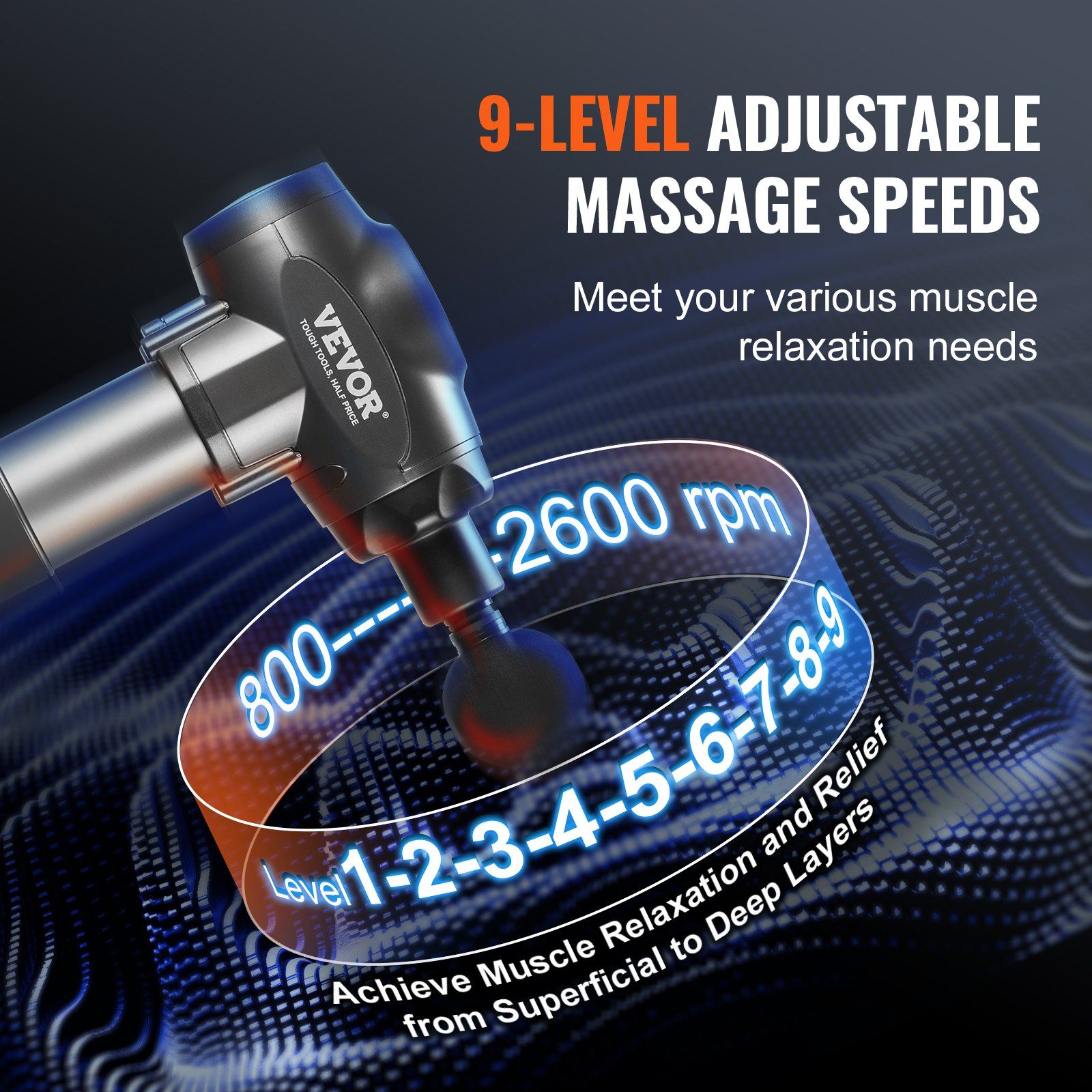 Deep Tissue Massage Gun 9 Speed Levels 6 Heads 24V 2500mAh Battery Percussion Muscle Massager for Athletes Pain Relief Muscle Relaxation