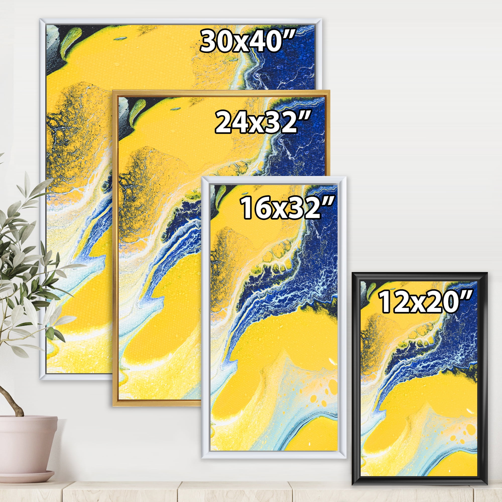 Designart 'Abstract Composition In Blue and Yellow VII' Modern Framed Canvas Wall Art Print