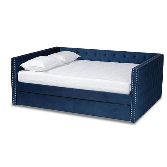 Bowery Hill Contemporary Velvet Upholstered Full Size Daybed w/ Trundle in Blue