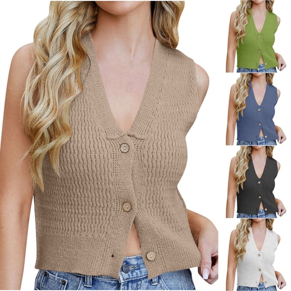 Hueook Long Vest for Women Women's Fashionable Casual V-neck Button Knit Solid Color Black XL