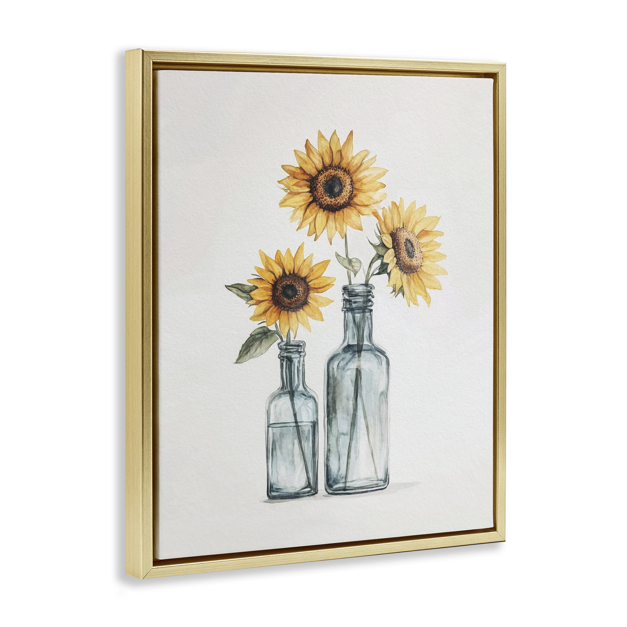 Stupell Industries Sunflowers in Bottles Trio Plants & Flowers Painting Gold Floater Framed Canvas Art Print Wall Art, 25 x 31