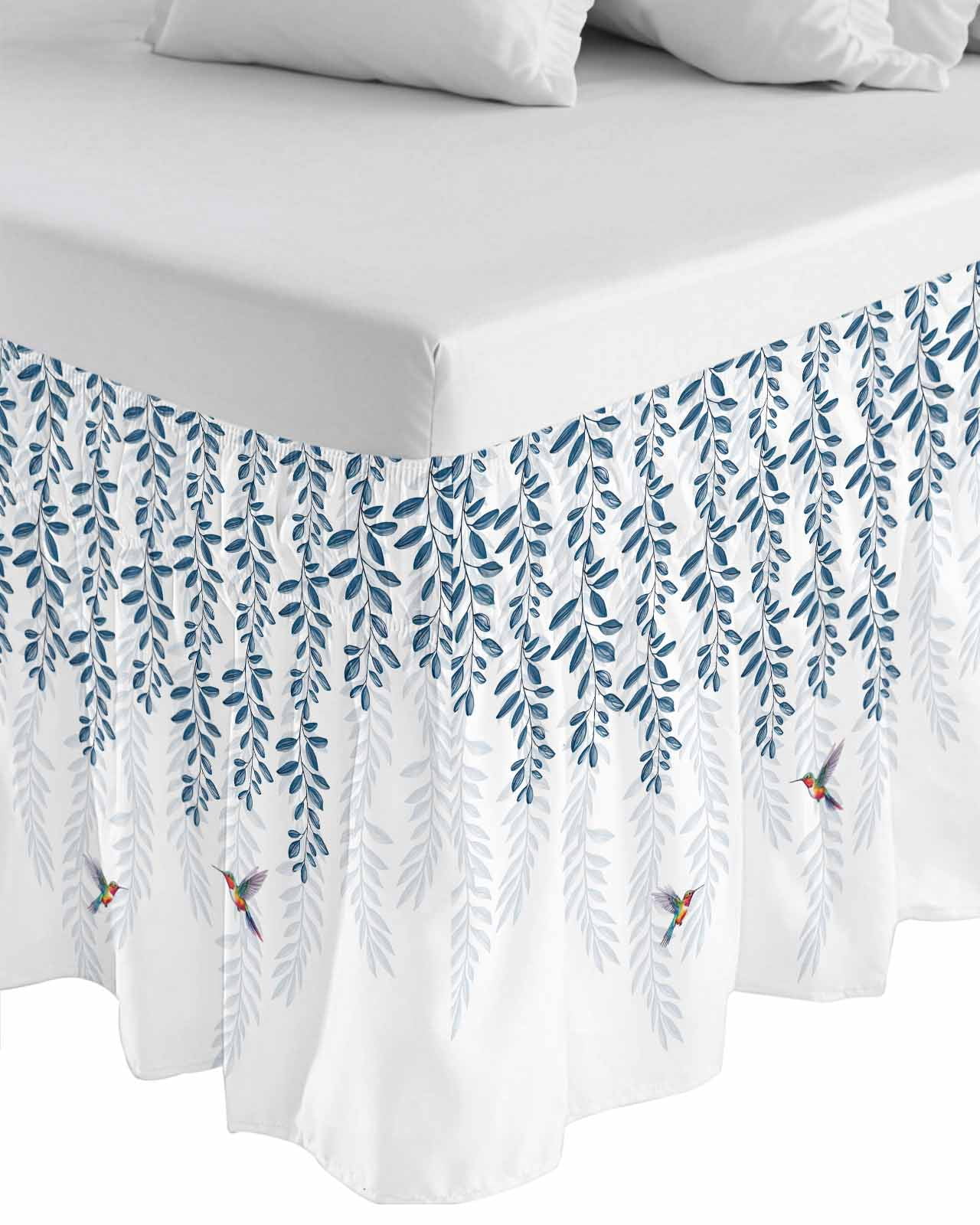 Blue Botanical Bed Skirt King Size, Pastoral Spring Floral Summer Birds Wrap Around Bed Skirting with Adjustable Elastic Strap, Dust Ruffled Pleated Bedskirts 18 Inch Drop for Bedroom King Beds