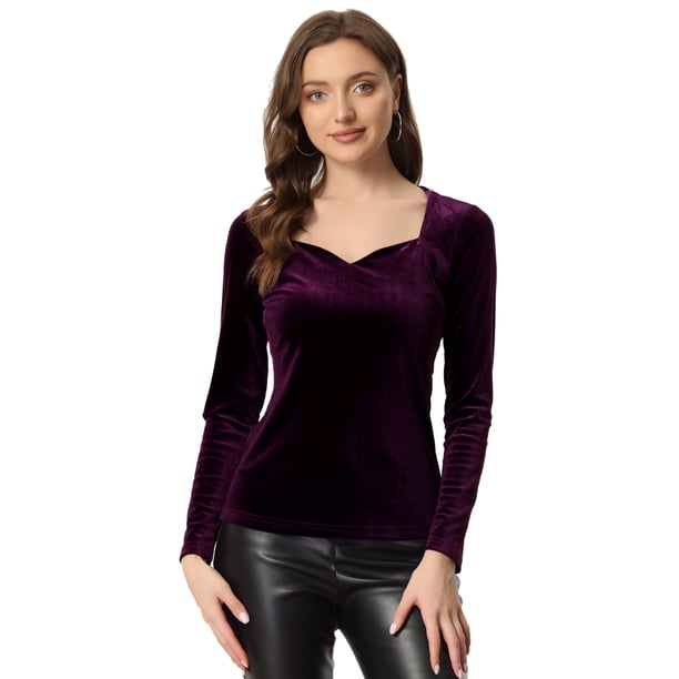 Top de terciopelo para mujer con cuello en forma de corazón elegante camiseta de manga larga Púrpura L