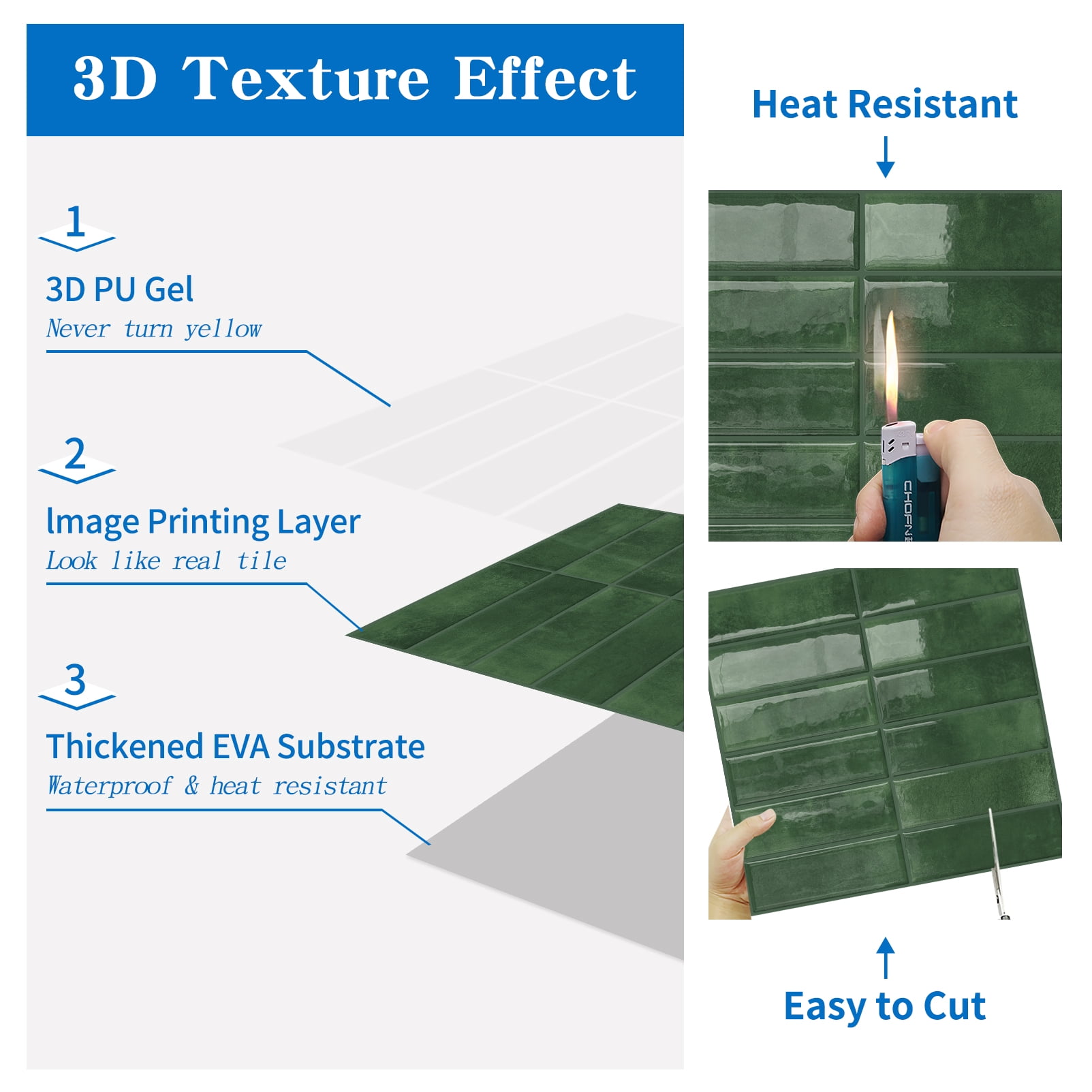 DEWOO 10pcs Peel and Stick Backsplash Wall Tiles, Extra Thick 3D Wall Panels, Heat & Water Resistant, Easy DIY Kitchen, Bathroom, Laundry, Fireplace & Rental Home Wall Décor (Dark Green, 12"×12")