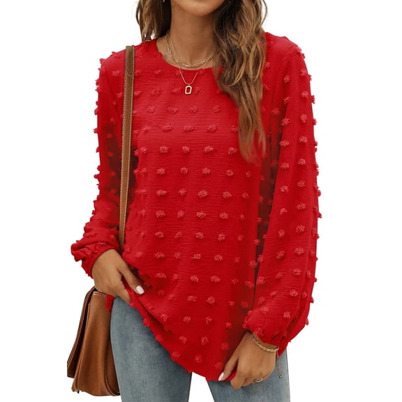 Fantaslook Blouses for Women Crewneck Long Sleeve Tops Chiffon Pom Pom Shirts Fall Casual