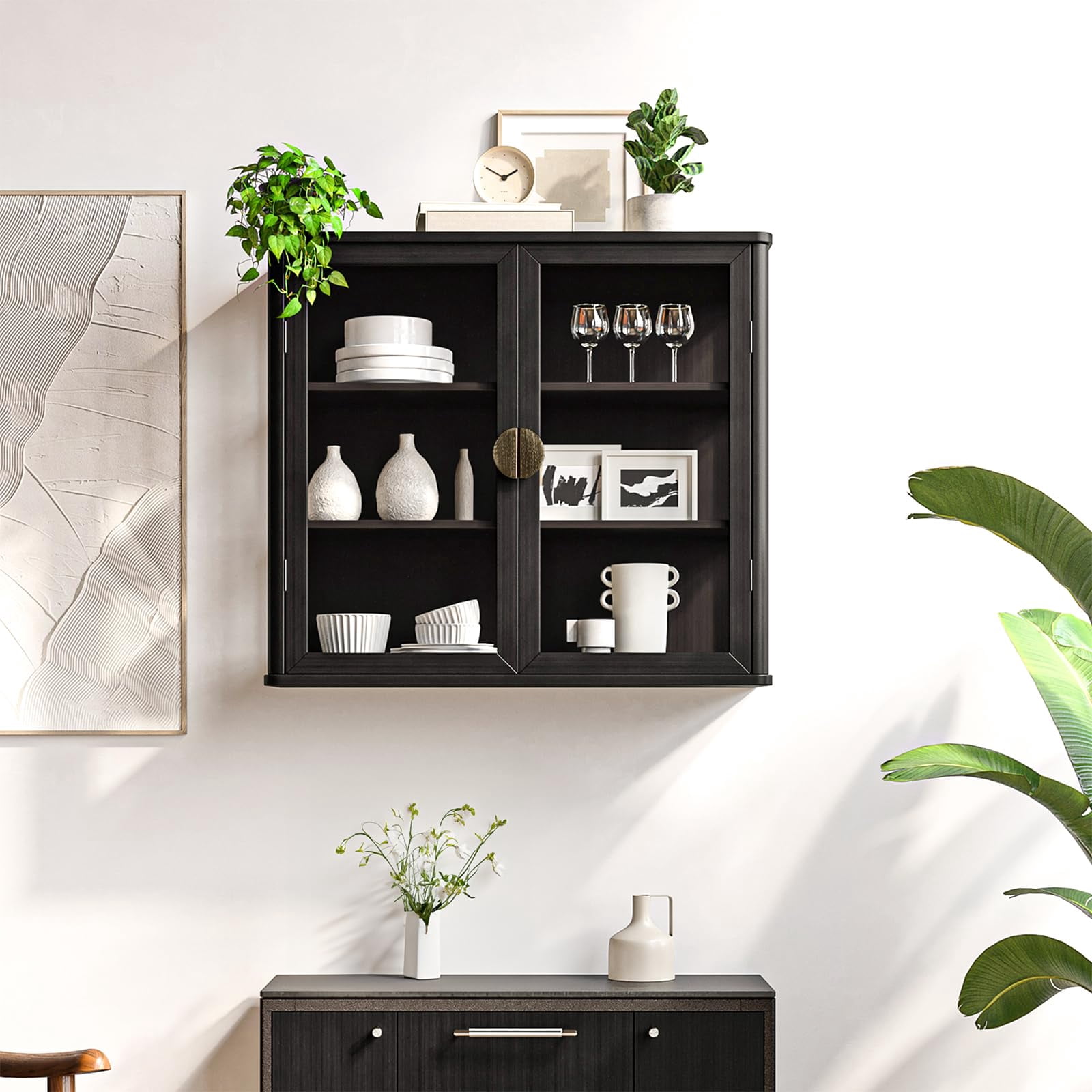 POLIHOME Display Wall Cabinet with Tempered Glass Doors，Storage Cabinet with Adjustable Shelves