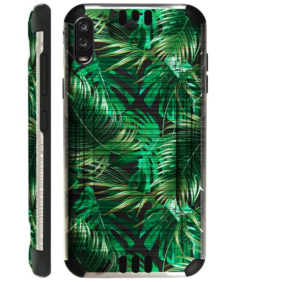 WORLD ACC Silver Guard Phone Case Compatible with TCL A2X Brushed Metal Texture Hybrid TPU Cover (Black Tropical Leaf)