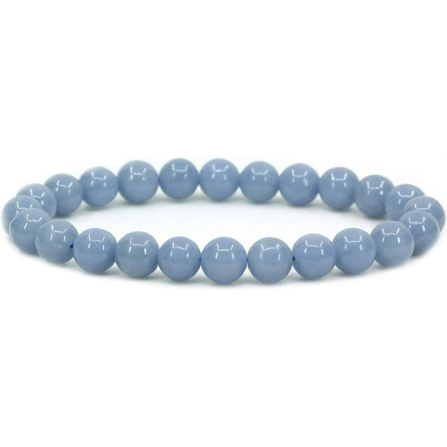 Bracelet Extensible en Perles Rondes de 8 mm en Pierre Précieuse d'Angélite Bleue Naturelle 7 Pouces