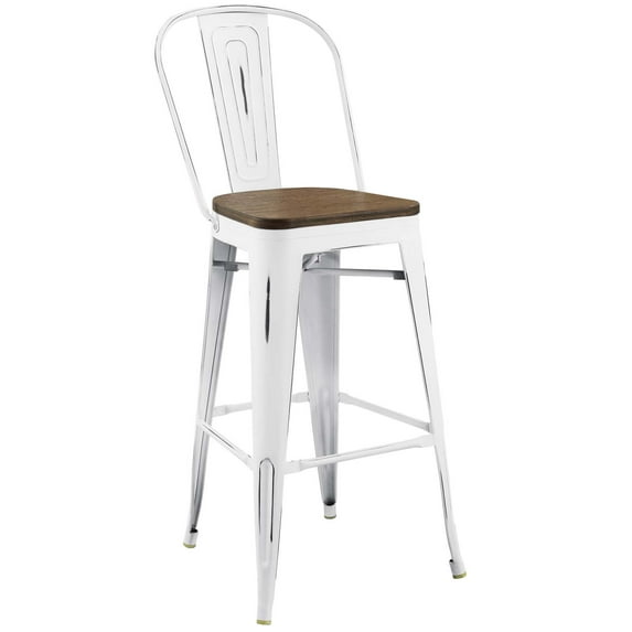 Industrial Country Cottage Farm Beach House Bar Pub and Dining Kitchen Bar Side Stool Chair, Metal Steel Wood, White