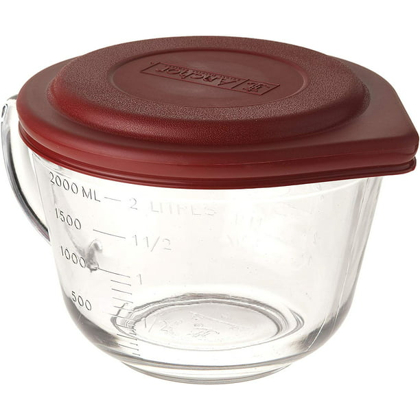Batter Bowl,2qt W/Pl.Lid,Glass, Glass with red lid By Anchor Hocking