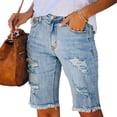 thumbnail image 2 of Pantalones cortos de verano de talle medio para mujer, pantalones cortos desgastados con cremallera y botones elásticos informales a la moda con bolsillos, 2 of 5
