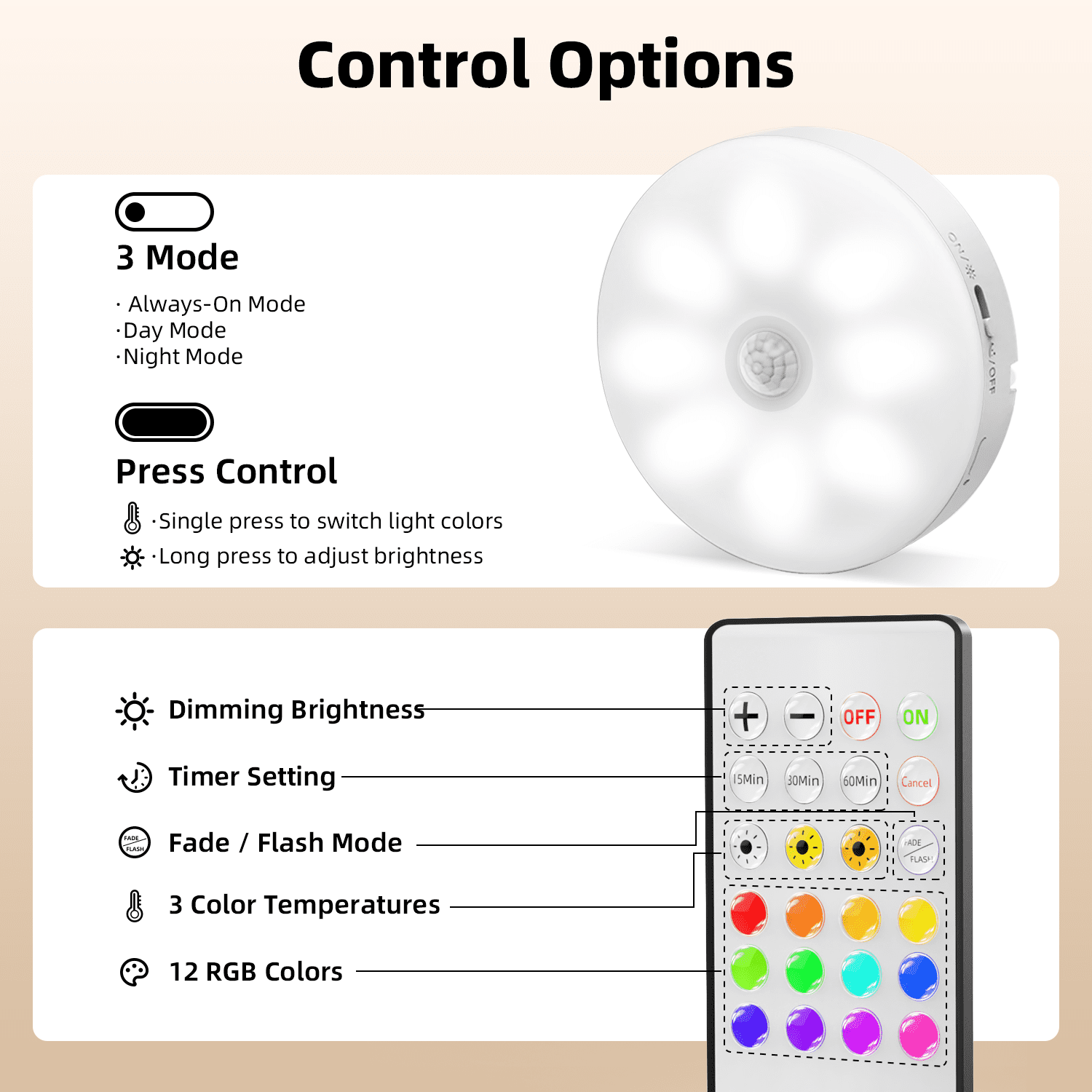 EZVALO 1000mAh Rechargeable Puck Lights with Remote, Motion Sensor Under Cabinet Lighting, 3 Color Temps & 12 RGB Colors, Dimmable Magnetic Stick-On Lights for Kitchen Closet, 6-Pack