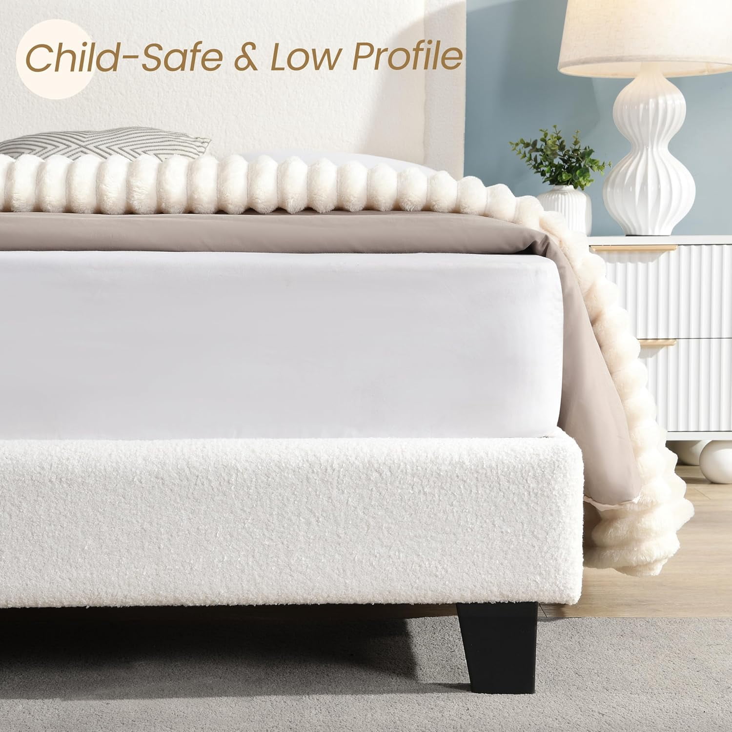 Queen Size Cloud Bed Frame with Adjustable Upholstered Headboard, Modern Marshmallow Low Profile Platform Bed with Soft Boucle Fabric, No Box Spring Needed