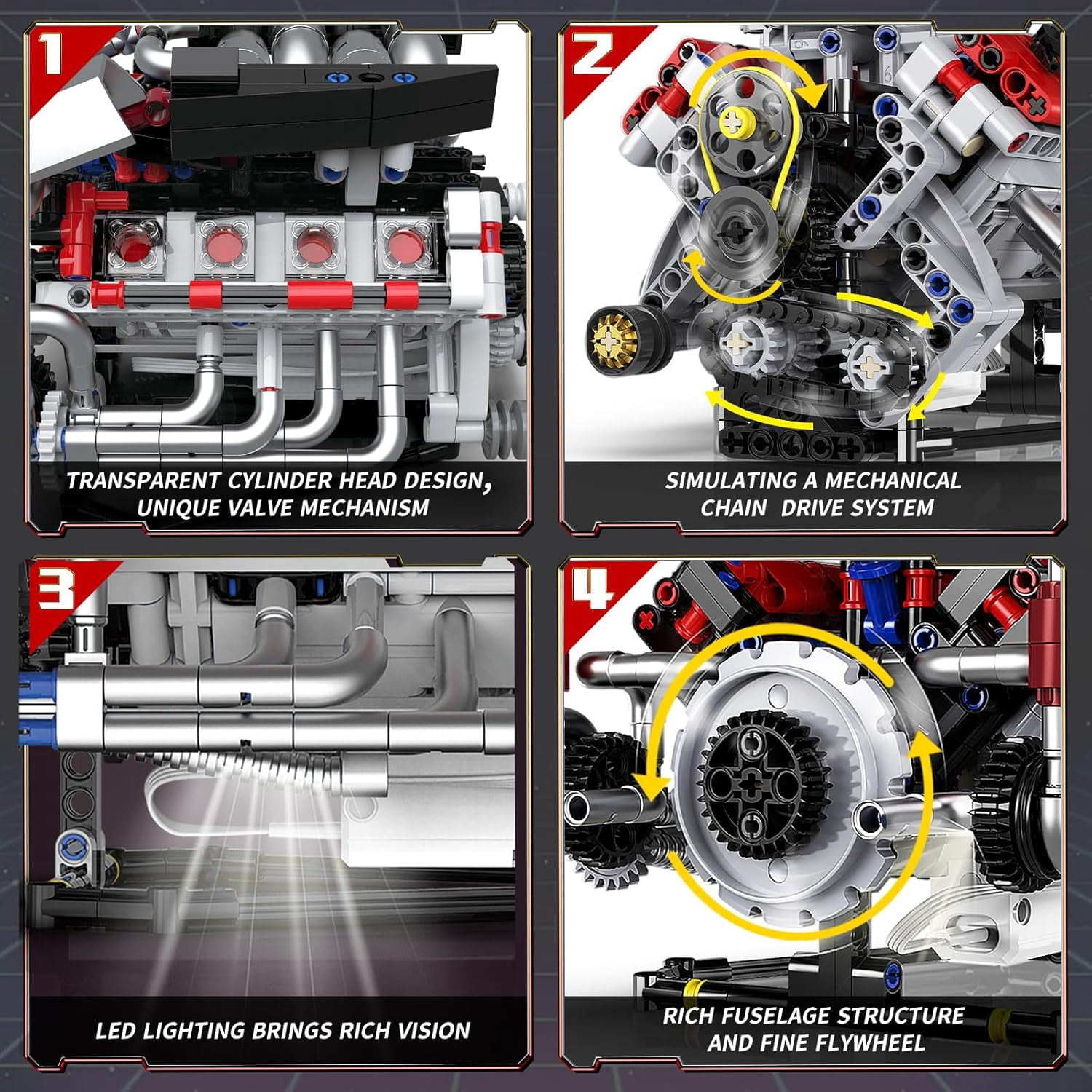 700PCS V8 Engine Kits that Works Building Sets,Car Engine Model Kit with Motor and Lights,Visible Piston Movement Mechanical STEM Toy for Car Enthusiasts Adults,Kids