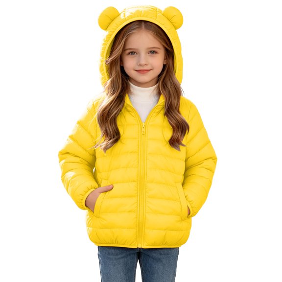 FRSASU Girls Solid Color Bear‑Ear Hooded Padded Coat Long‑Sleeve Full Zip Light Quilted Casual Winter Outerwear Yellow