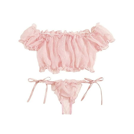 

EYIIYE Women 2PC Bra and Tong Lingerie Set Ruffle Bikini Babydoll Sleepwear M-XL