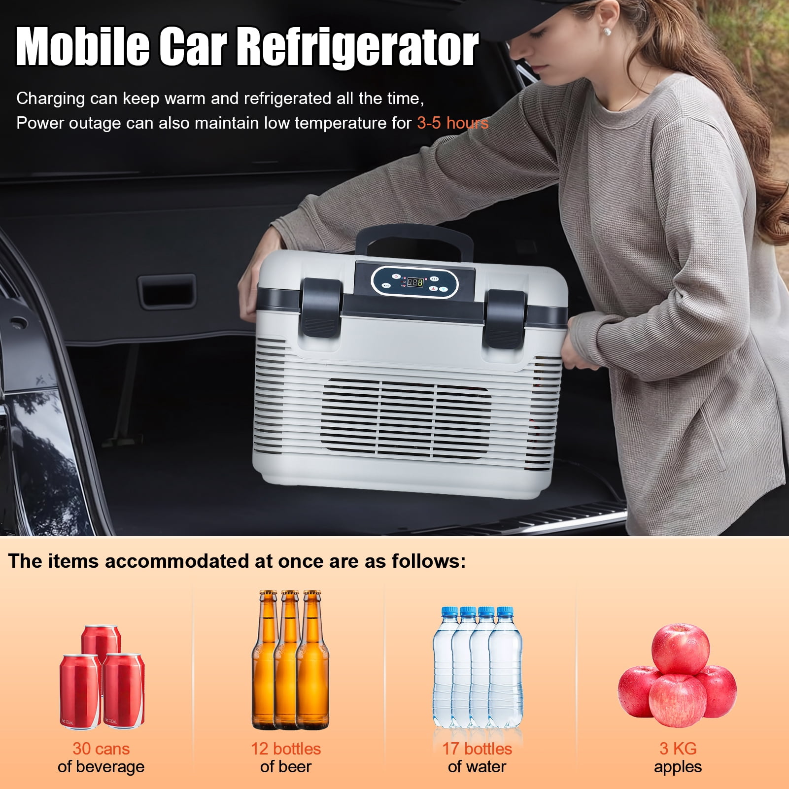 ziertyon 19L Car Refrigerator, Portable Freezer with -4°F~68°F Adjustable Range, for Travel, Camping, Truck, 12V/24V DC