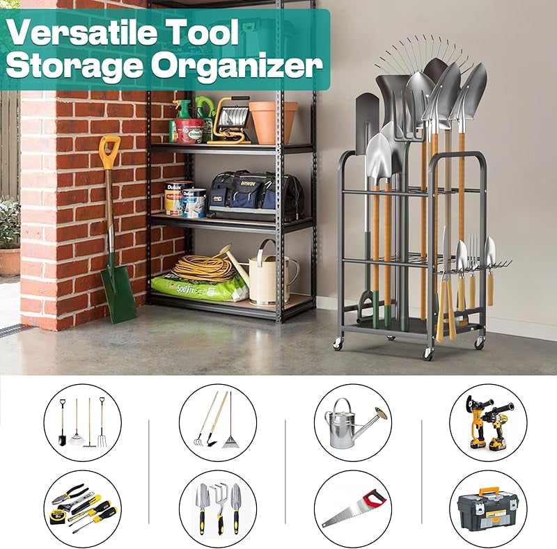 Garden Tool Organizer Stand, Garage Tool Storage Organization, Yard Tool Racks with lockable wheels, Fit for Long-Handled Tools/Rakes/Brooms