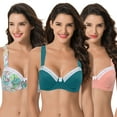 thumbnail image 1 of Curve Muse Women's Plus Size Underwired Unlined Balconette Cotton Bra-3Pack-White Print,Coral,Teal-48DD, 1 of 7