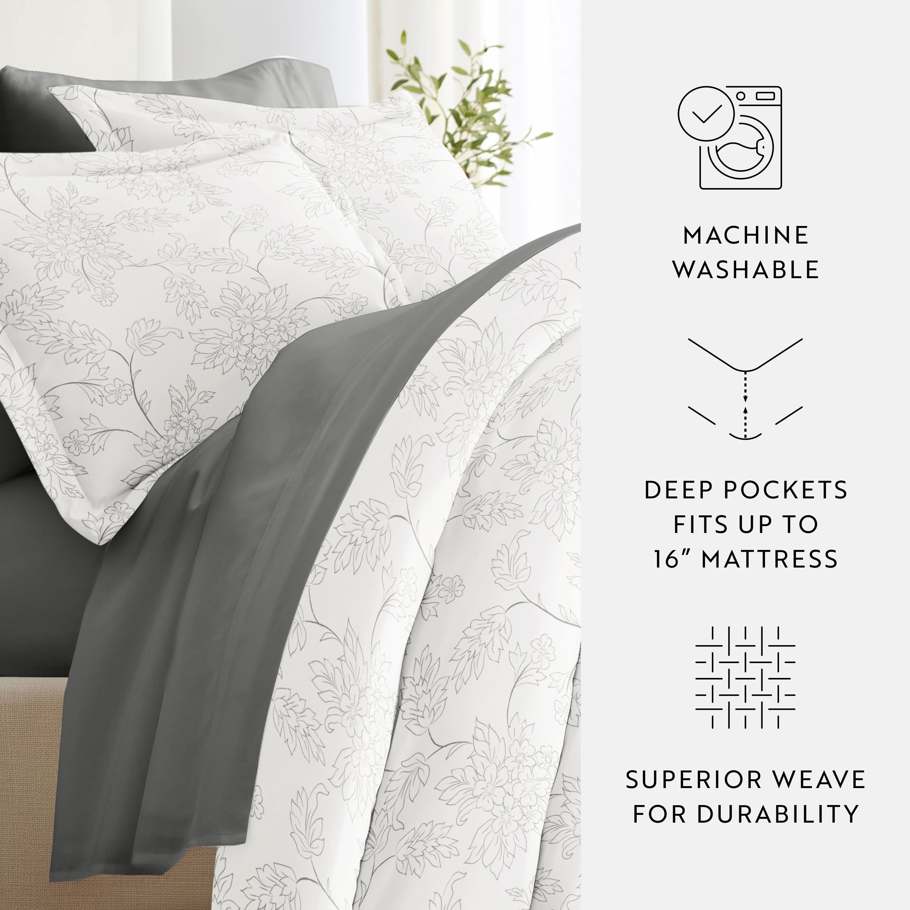 Noble Linens 8 Piece Patterned Duvet Bedding Bundle, Vines Gray, Full