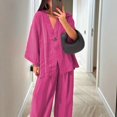 thumbnail image 6 of tasrioml Women's Cotton Linen Two Piece Outfit Long Sleeve V Neck Button Top Wide Leg Pants Casual Loungewear Set, 6 of 7