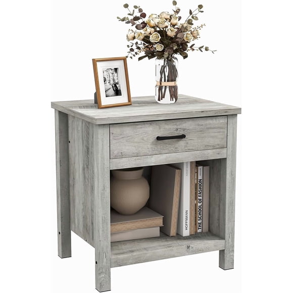 Modern Grey Nightstand with Drawer and Storage Shelf, Rustic Farmhouse End Table for Bedroom and Living Room