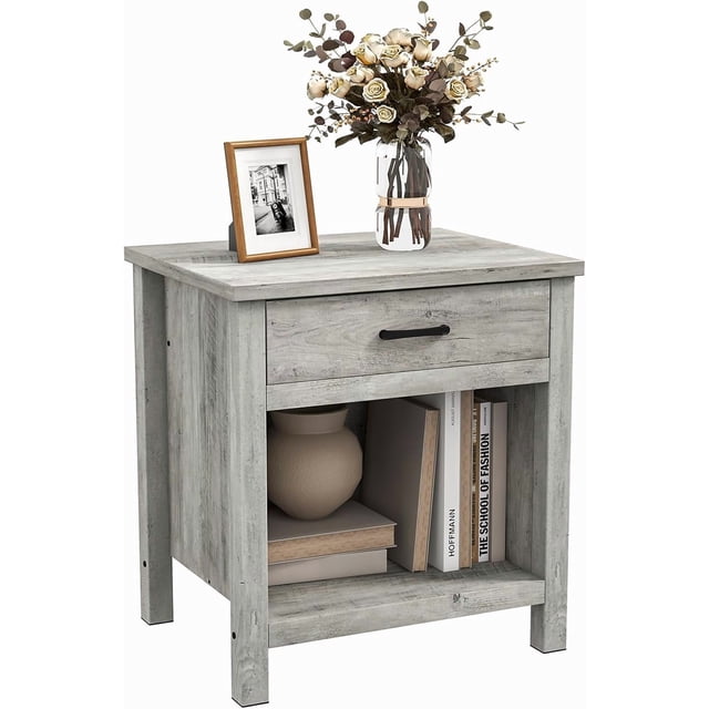 Table de Nuit Grise Moderne avec Tiroir et Tablette de Rangement, Table d'Appoint Rustique Style Ferme pour Chambre et Salon