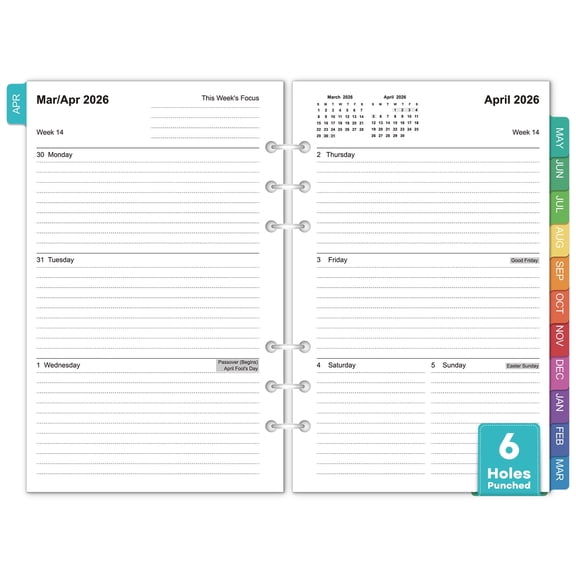 OMEYA Planner Inserts 2026–2027, A5 Weekly & Monthly Planner Refill (Apr 2026–Sep 2027), 18 Month Academic Planner Refills 5.5 x 8.5, 6-Hole Punched, Fits A5 Ring Binders