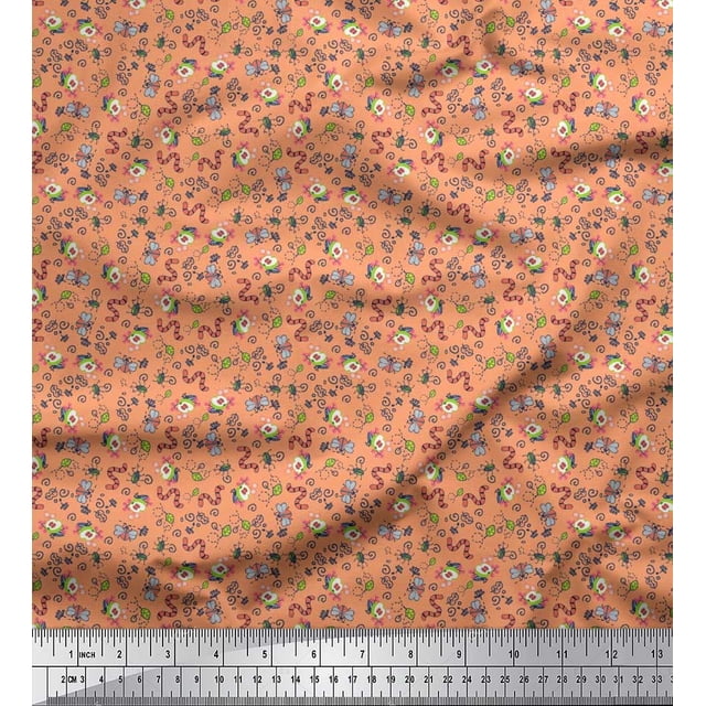 Soimoi Rayon Crepe Fabric Earthworm,Fruit & Insect Print Fabric by The Yard 46 Inch Wide