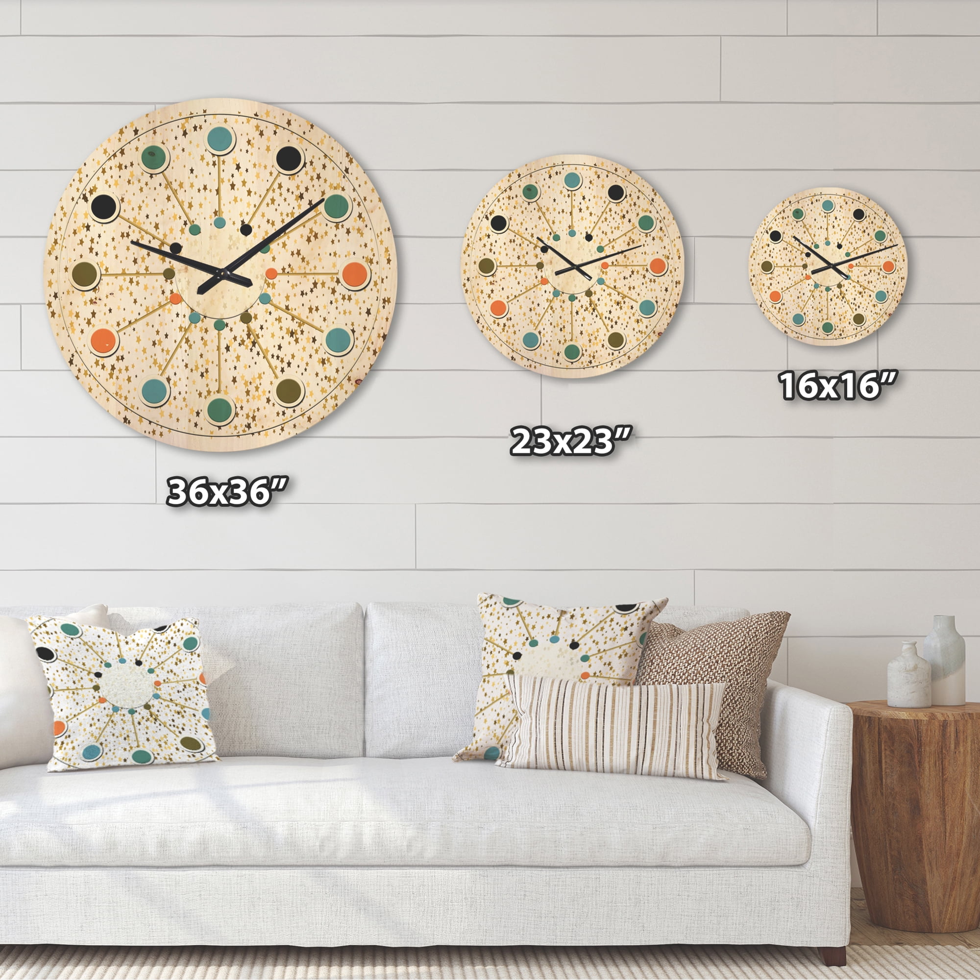 Designart 'Golden Glitter Confetti Retro Pattern' Mid-Century Modern Wood Wall Clock