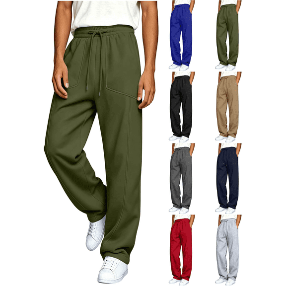 Vmberlty Men Wide Leg Pants Men's Solid Color Casual Sweatpants Adjustable Drawstring Elastic Waist Pockets Design Casual Fashion Long Trousers
