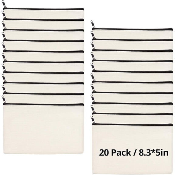 Blank Canvas Makeup Bags 20 Pack, Sublimation Blanks Cosmetic Bags, DIY Heat Transfer Canvas Pen Case Pencil Bags, Beige