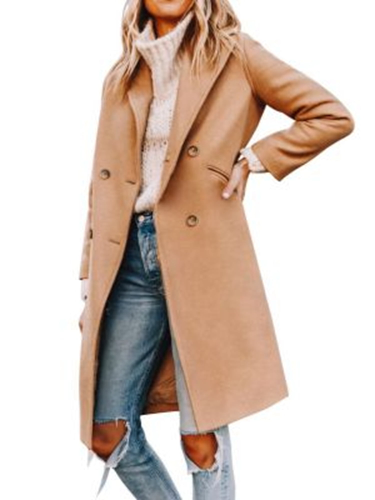 Women's fashion doublebreasted pea coat with slanted lapel winter wool blend overcoat gown
