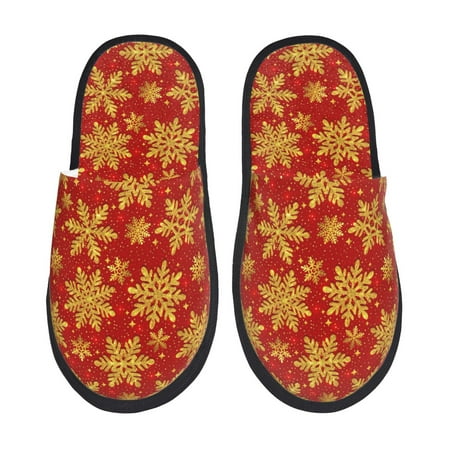 Balery Christmas With Gold Snowflakes Slient Indoor Furry Fleece Comfort House Shoes Soft Non-Slip Home Shoes Cotton slippers House Slippers-- Large