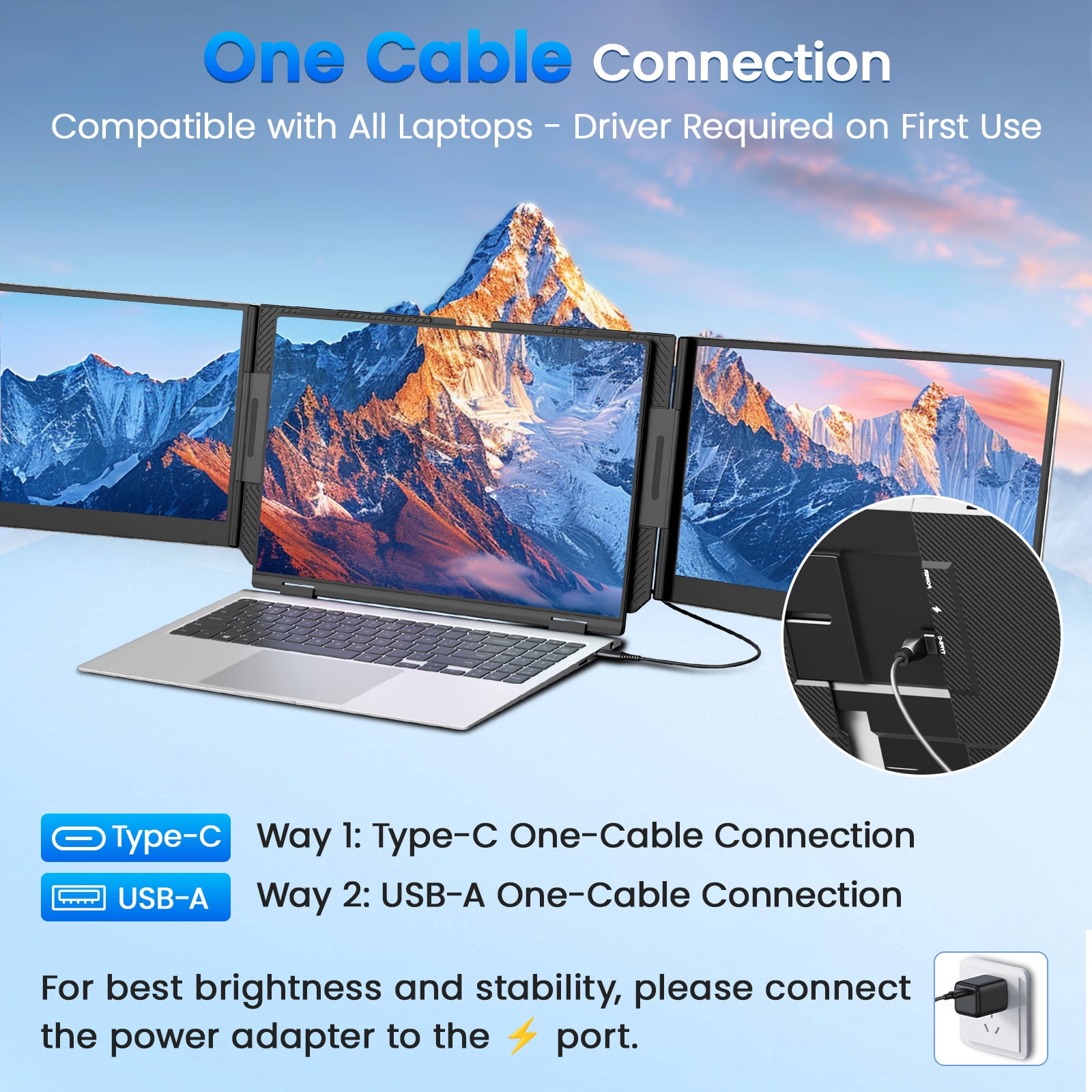 Tlscon One Cable Laptop Screen Extender, 15.6” Ultra-Slim Laptop Screen Extender Monitor Portable, 1080P IPS Display, USB-C/USB-A Connection, Travel Monitor for 13–17.3" Laptops, MacOS/Wins/Android