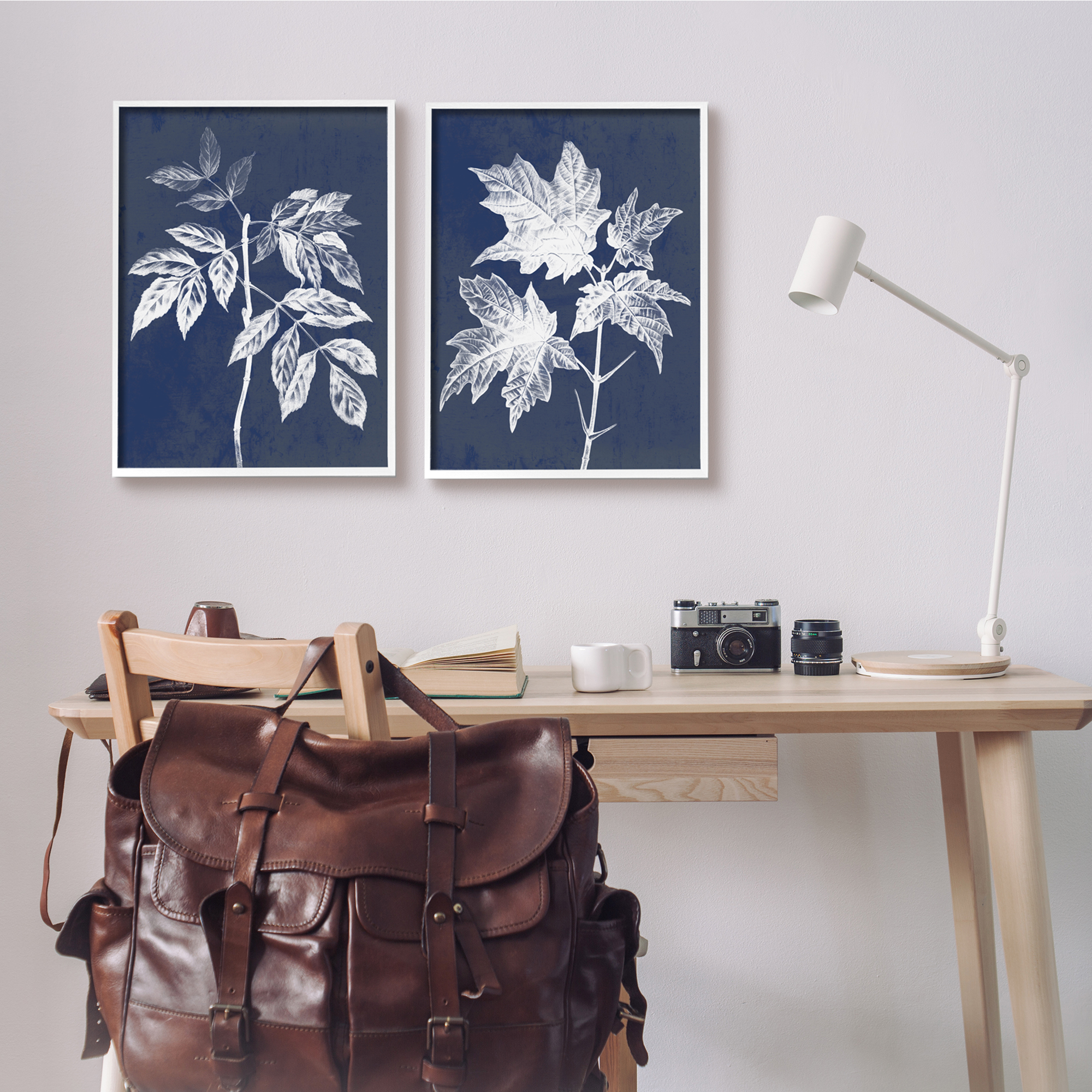Stupell Industries Maple Leaf Elm Stem Vintage Blue White Illustration, 16 x 20,Design by Daphne Polselli