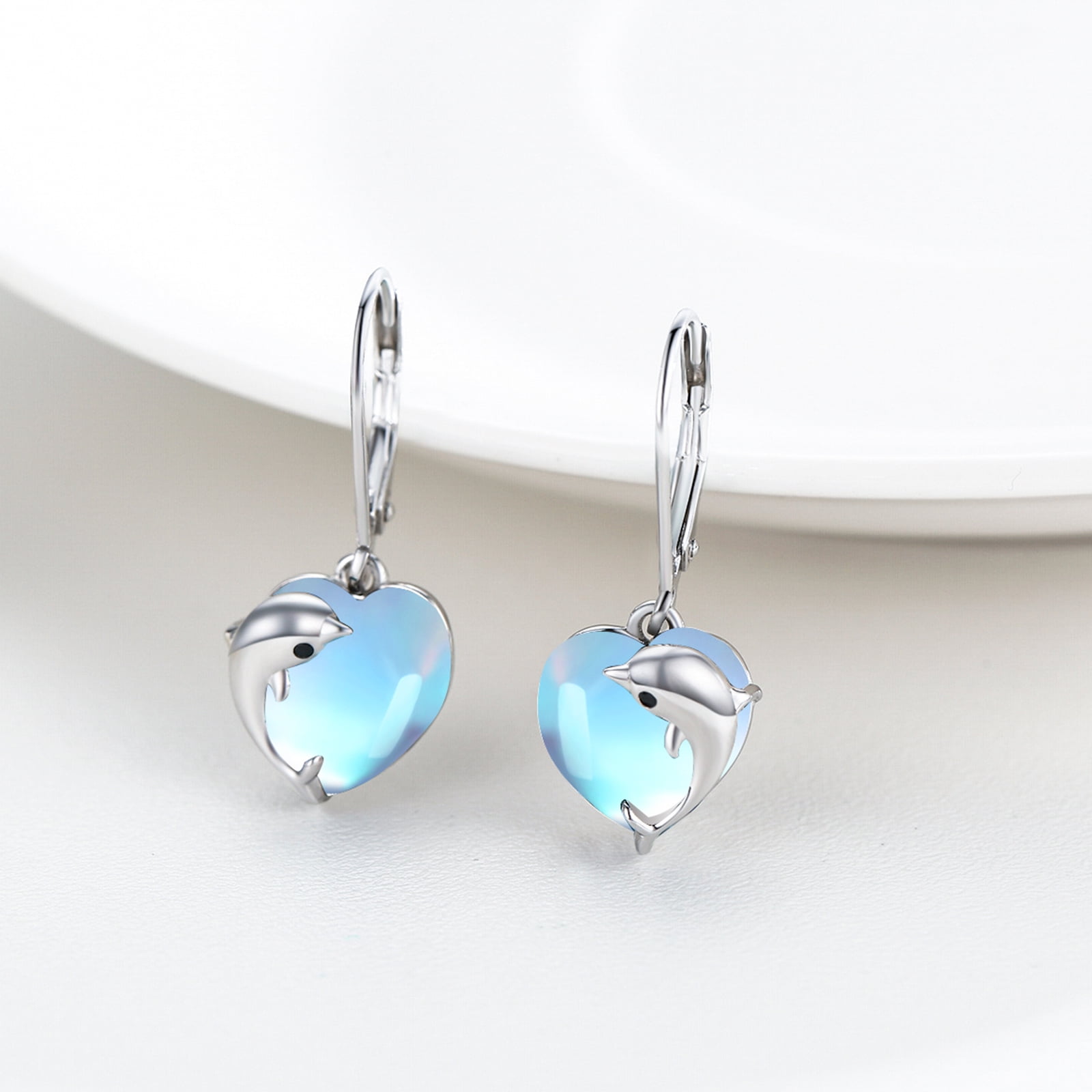 AOVEAO Dolphin Drop Dangle Earrings 925 Sterling Silver Lever Back Heart Moonstone Earrings Fashion Jewelry Birthday Xmas Gift for Women Daughter Niece Mom Wife