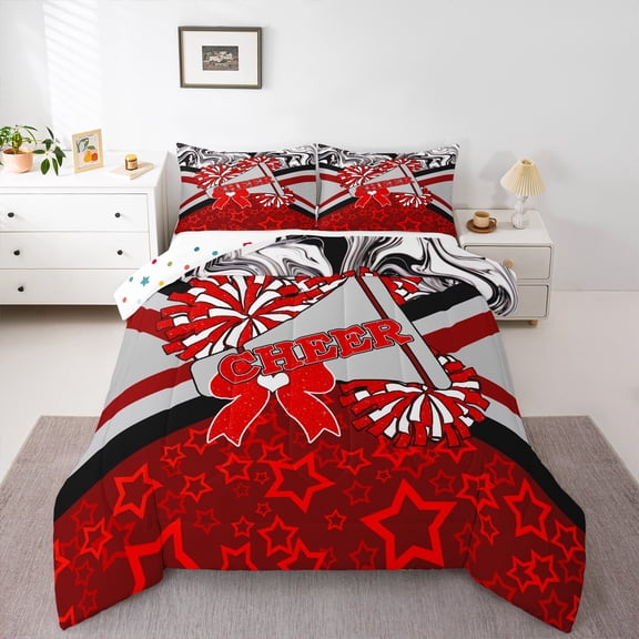 Manfei Cute Cheerleader Full Size Comforter Sets,Girly Cheerleading Bedding Comforter Set,Red Bowtie Stripes Bedding Sets,Icrofiber Bedroom Decoration Reversible,3 Pieces