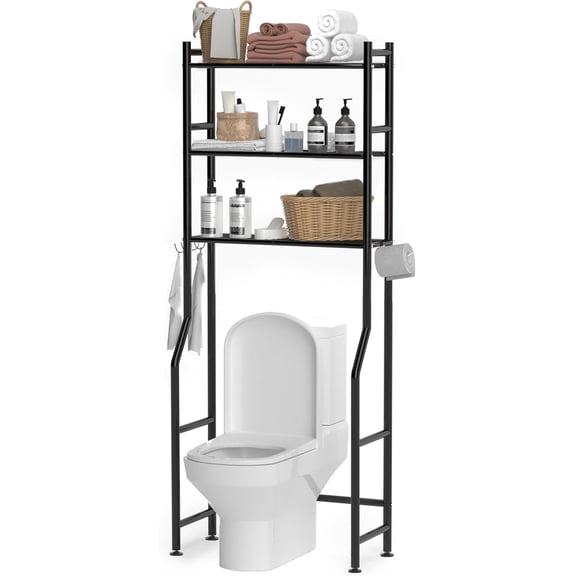 3-Tier Over The Toilet Storage, Space Saver Metal Bathroom Shelves, Freestanding Above Over Toilet Storage Shelf with 4 Hooks for Bathroom, Black