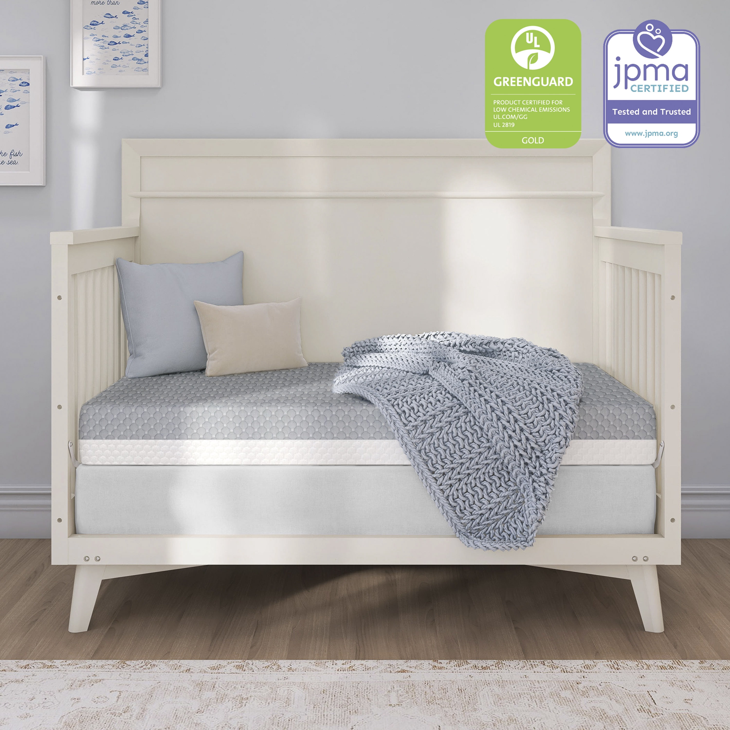 Evolur Pure Zen 2 in 1 Crib & Toddler Mattress, White and Grey, Greenguard Gold Certified