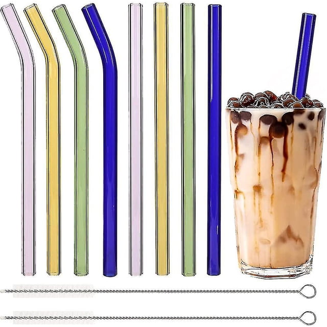 8pcs Bubble Tea Straws Glass Straws Reusable - Wide Glass Straws Colorful, Glass Straws Plastic Free, With 2 Cleaning Brushes, Dishwasher Safe
