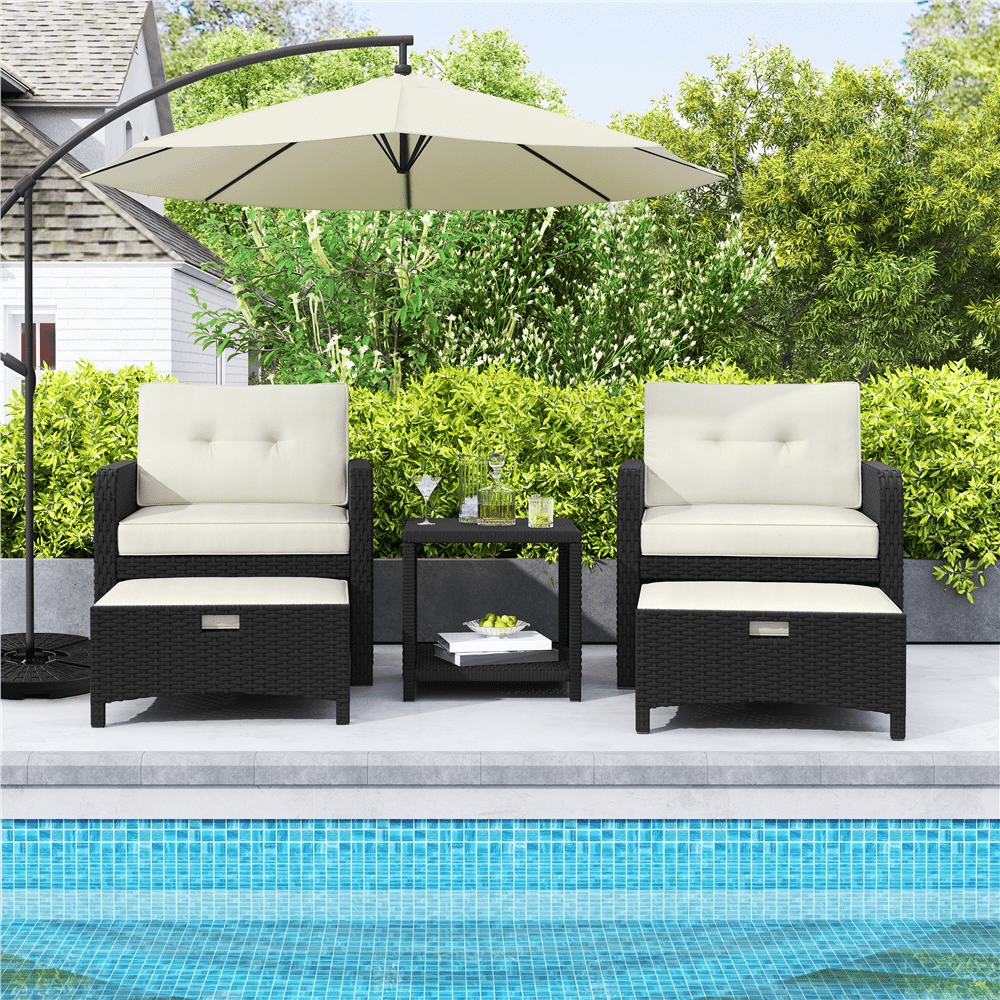 Renwick 5-Piece Outdoor Conversation Set with Table Chairs Ottomans, Black/Beige