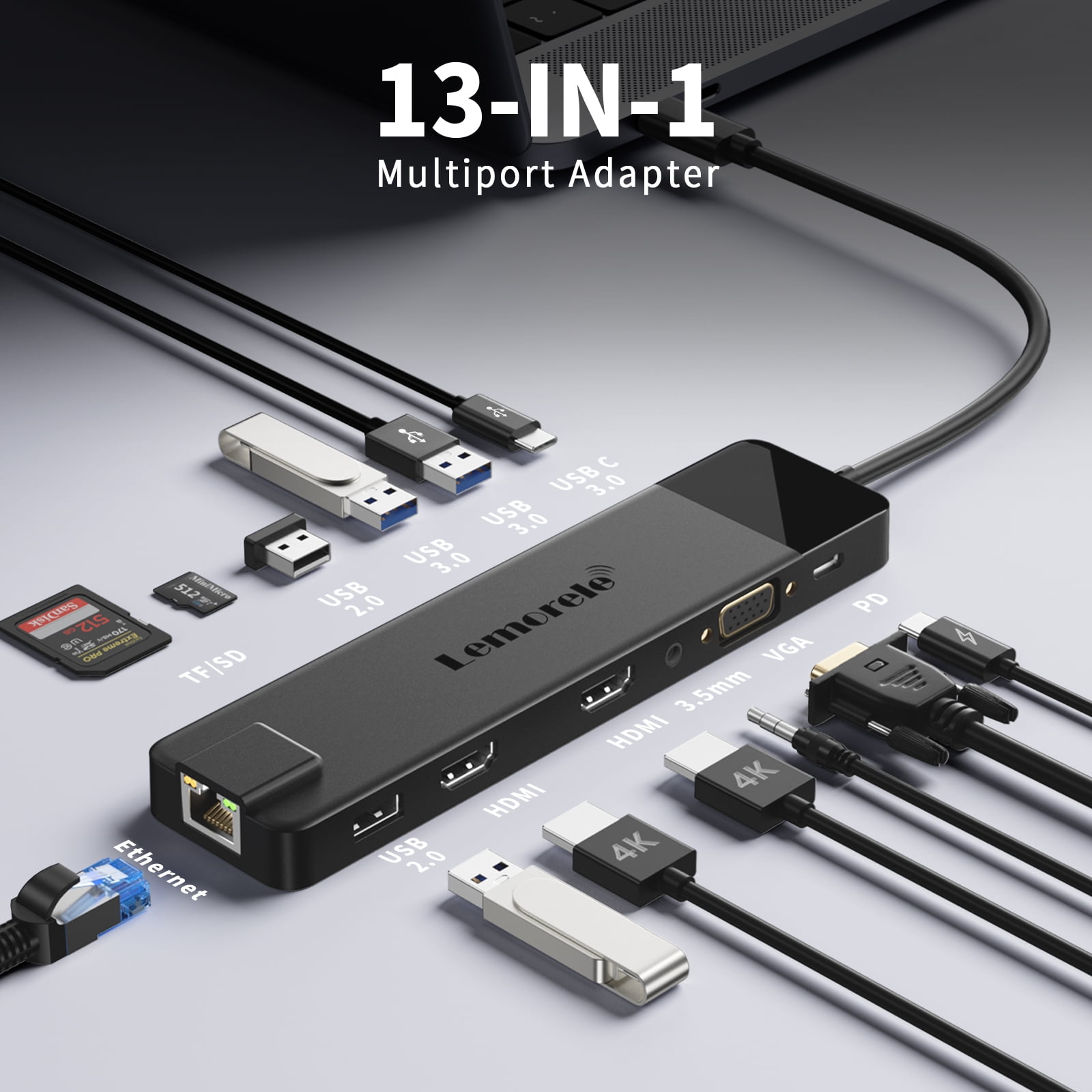 Lemorele Multi-Function Usb C Hub, 13 In 1 Docking Station, 3 Displays with Dual 4k HDMI, Usb  A 3.0/2.0, 100W PD, SD/TF, VGA, 1000M Ethernet Adapter